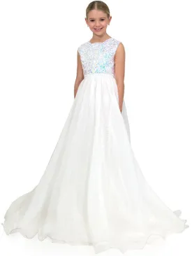 Marc Defang 5009 Size 10 White Kids Long Formal Dress A Line Sequin Girls Pageant Dress Chiffon Kids