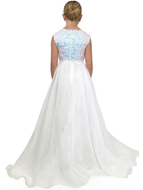 Marc Defang 5009 Size 10 White Kids Long Formal Dress A Line Sequin Girls Pageant Dress Chiffon Kids