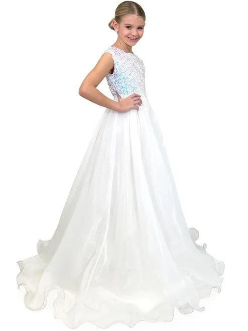 Marc Defang 5009 Size 10 White Kids Long Formal Dress A Line Sequin Girls Pageant Dress Chiffon Kids