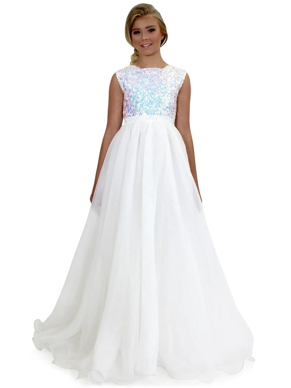 Marc Defang 5009 Size 10 White Kids Long Formal Dress A Line Sequin Girls Pageant Dress Chiffon Kids