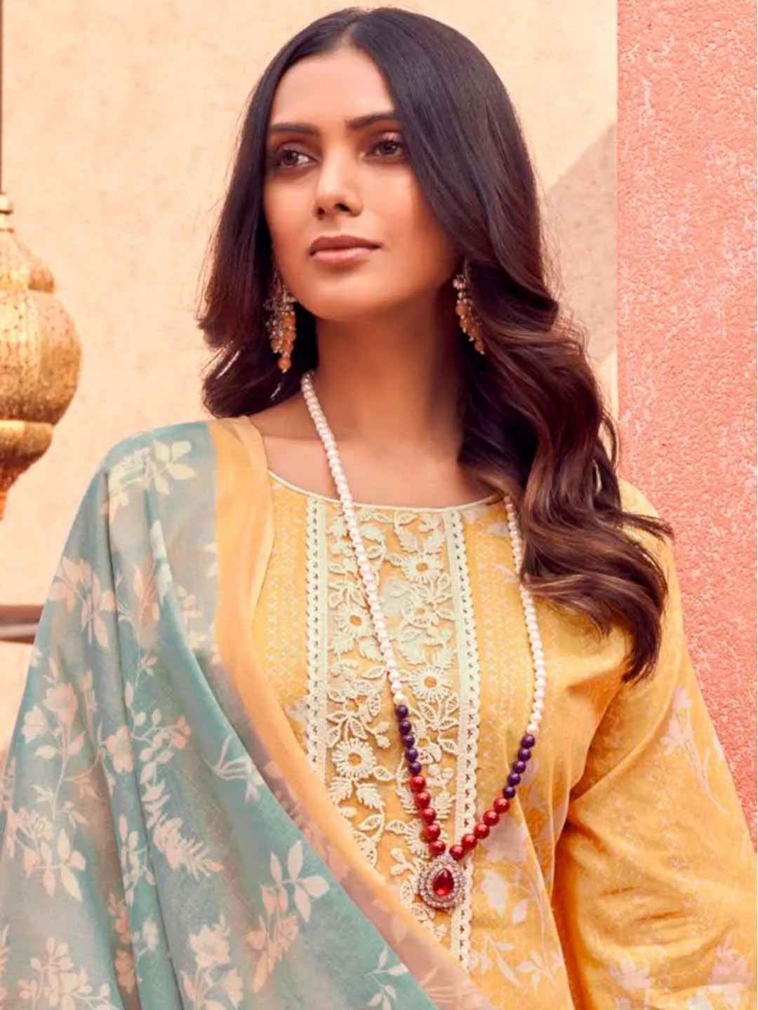 Masakali Embroidered Yellow Cotton Unstitched Suit Set