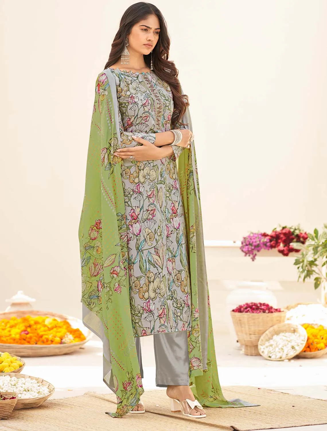Masakali Unstitched Pure Cambric Cotton Suit Set Grey