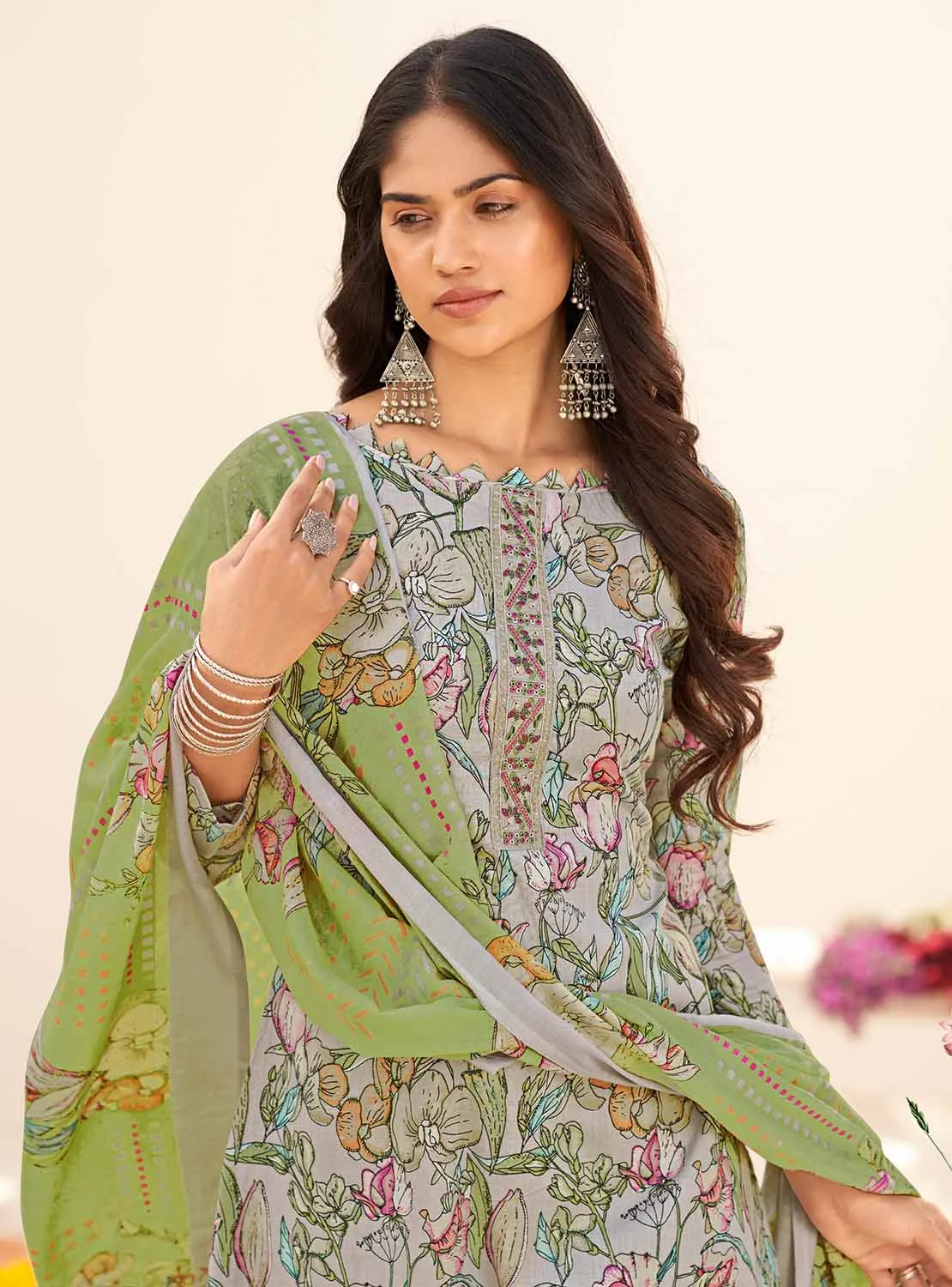 Masakali Unstitched Pure Cambric Cotton Suit Set Grey
