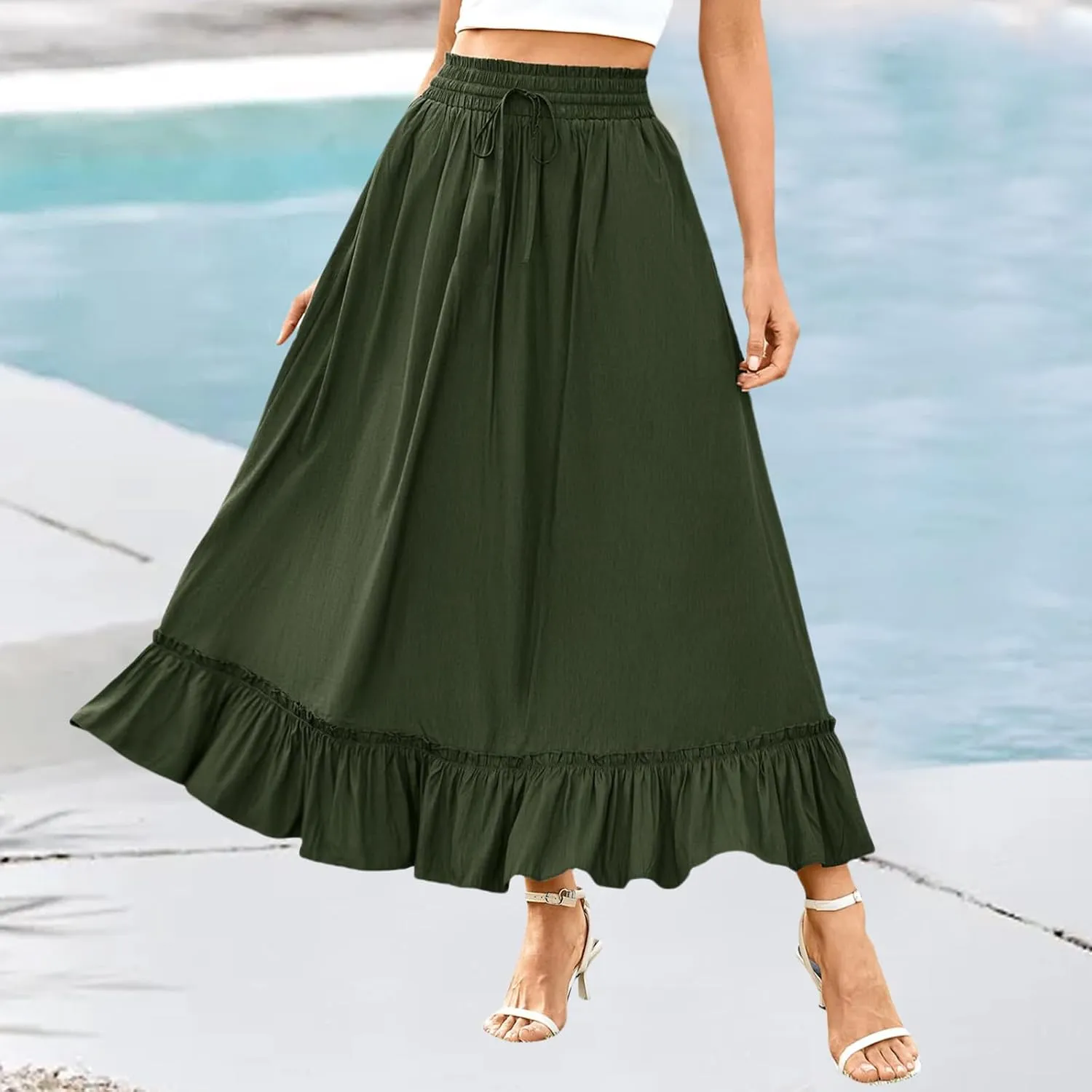 Maxi Skirts for Women 2025 Boho Tiered Elastic High Waisted Skirt Trendy Summer Pleated A-Line Flowy Skirts