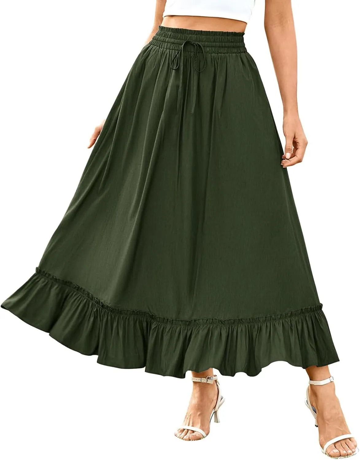 Maxi Skirts for Women 2025 Boho Tiered Elastic High Waisted Skirt Trendy Summer Pleated A-Line Flowy Skirts