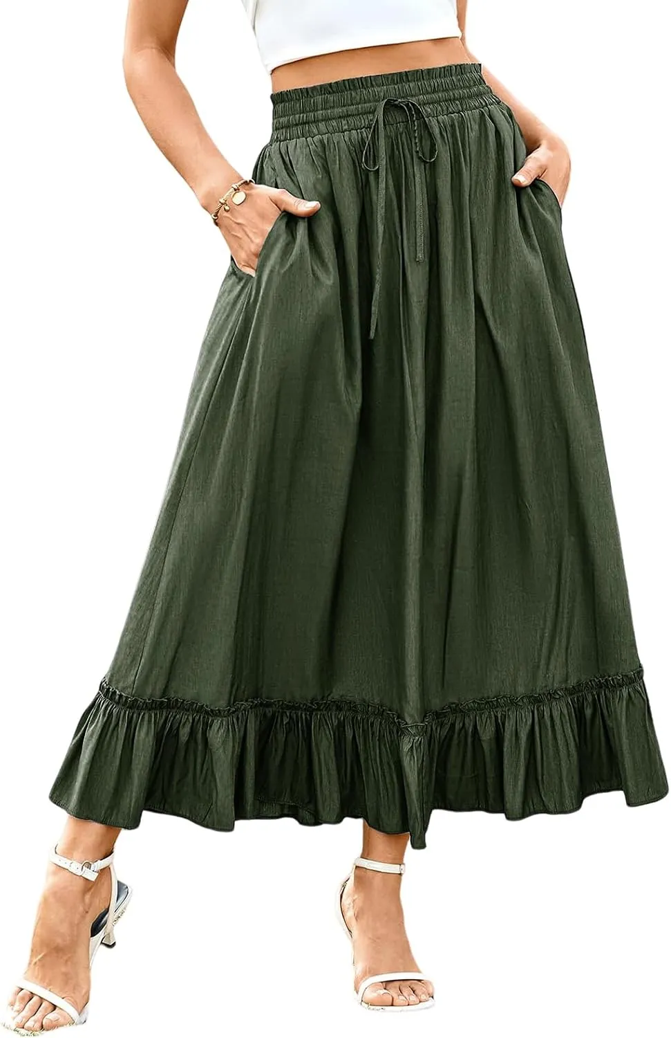 Maxi Skirts for Women 2025 Boho Tiered Elastic High Waisted Skirt Trendy Summer Pleated A-Line Flowy Skirts