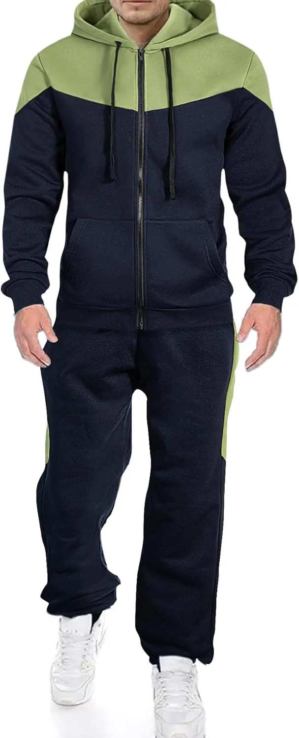 Men's Color Blocked Hoodie Long Sleeve 2 Piece Set Loose Casual Adjustable Hoodie Loose Pants Sports Set
