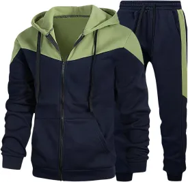 Men's Color Blocked Hoodie Long Sleeve 2 Piece Set Loose Casual Adjustable Hoodie Loose Pants Sports Set