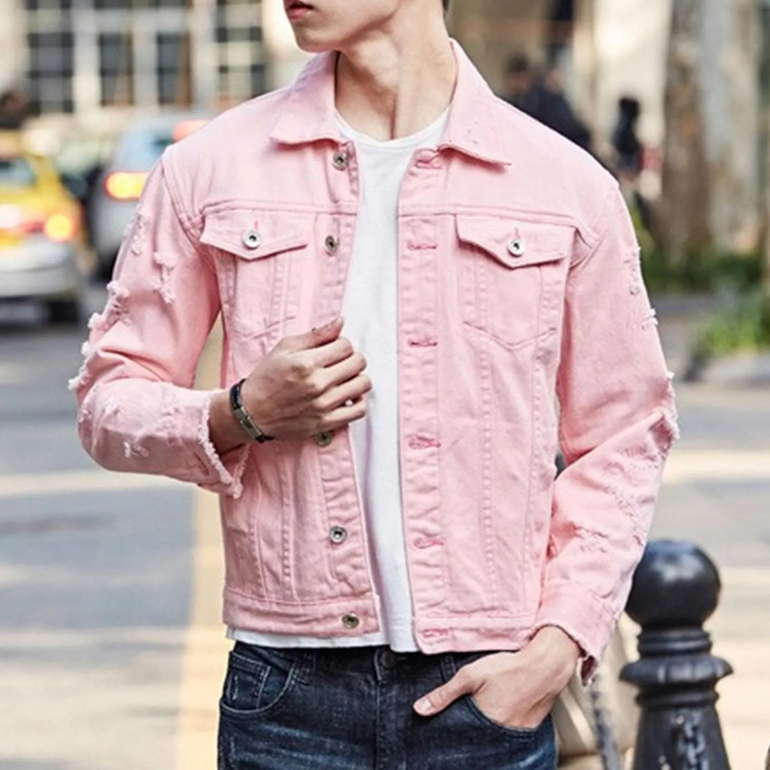 Men's Distressed Ripped Denim Jacket Casual Button Down Holes Trucker Jacket Regular Fit Cotton Biker Jean Coat