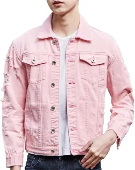 Men's Distressed Ripped Denim Jacket Casual Button Down Holes Trucker Jacket Regular Fit Cotton Biker Jean Coat