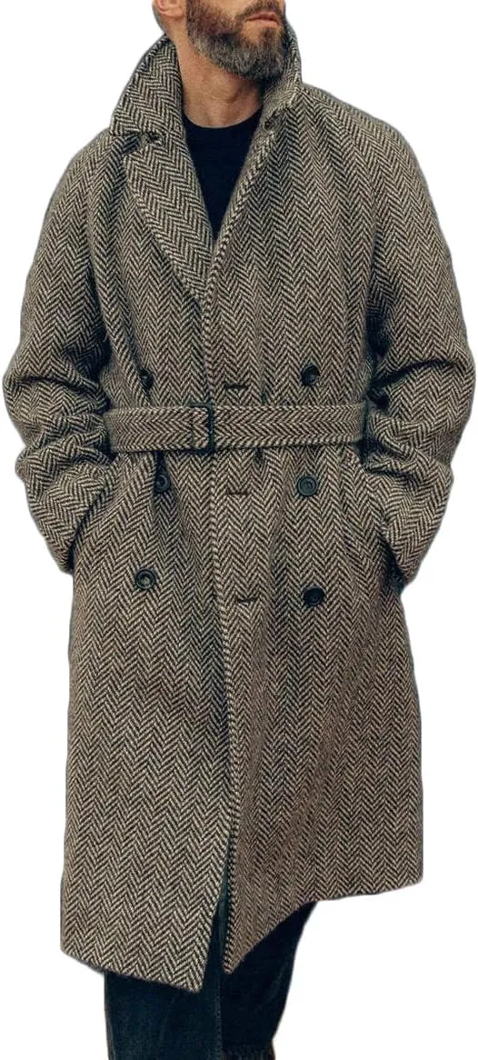 Men's Herringbone Wool Blend Coat Slim Casual Double Breasted Long Overcoat Classic Winter Warm Trench Jackets