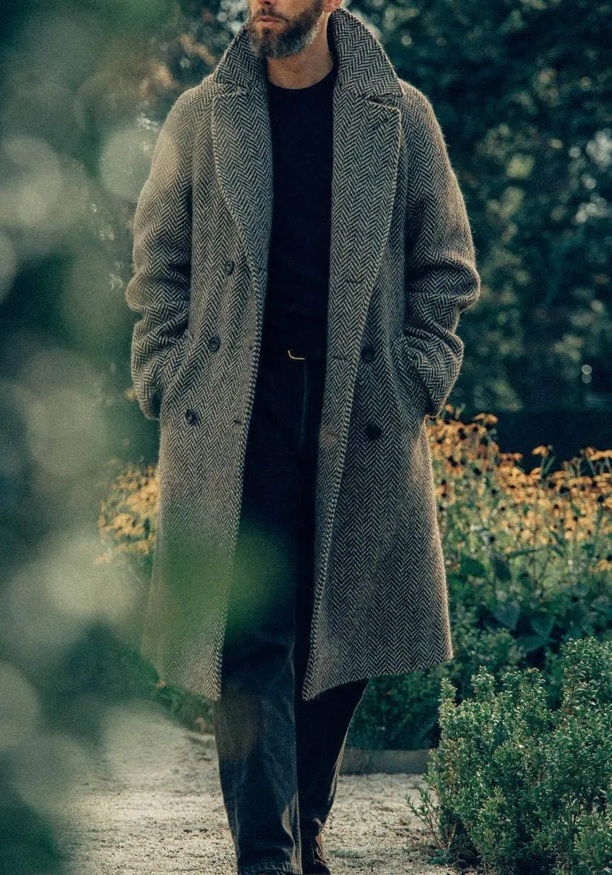 Men's Herringbone Wool Blend Coat Slim Casual Double Breasted Long Overcoat Classic Winter Warm Trench Jackets