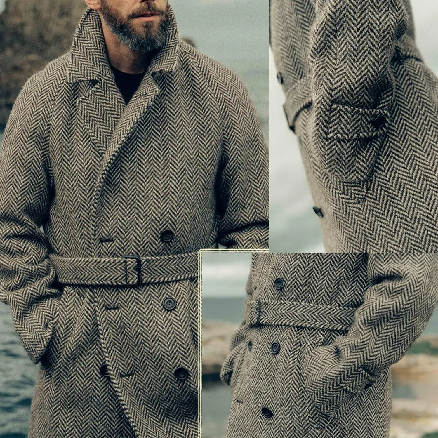 Men's Herringbone Wool Blend Coat Slim Casual Double Breasted Long Overcoat Classic Winter Warm Trench Jackets