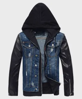 Men's Hooded Leather Denim Jacket