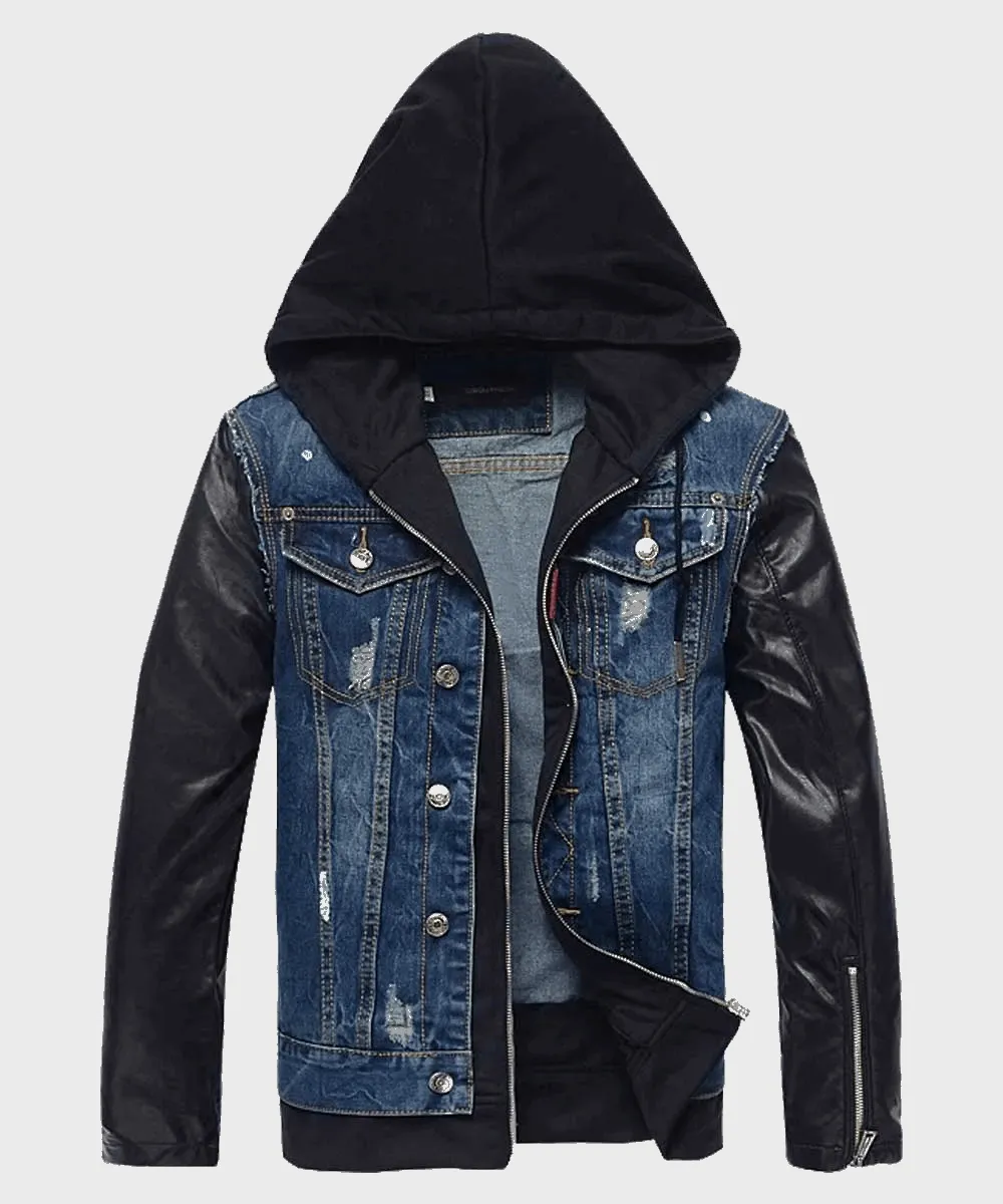 Men's Hooded Leather Denim Jacket