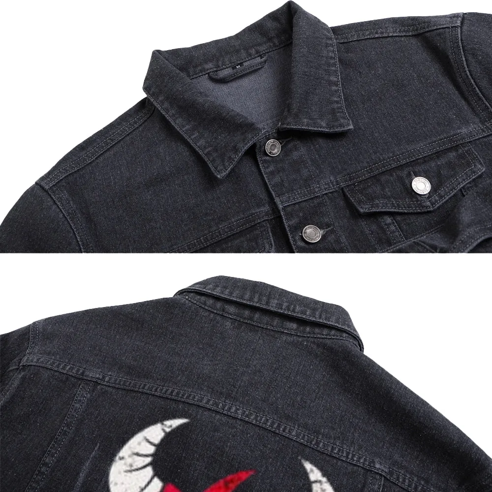 Mens SMALL DEVIL Graphic Button Up Denim Jacket