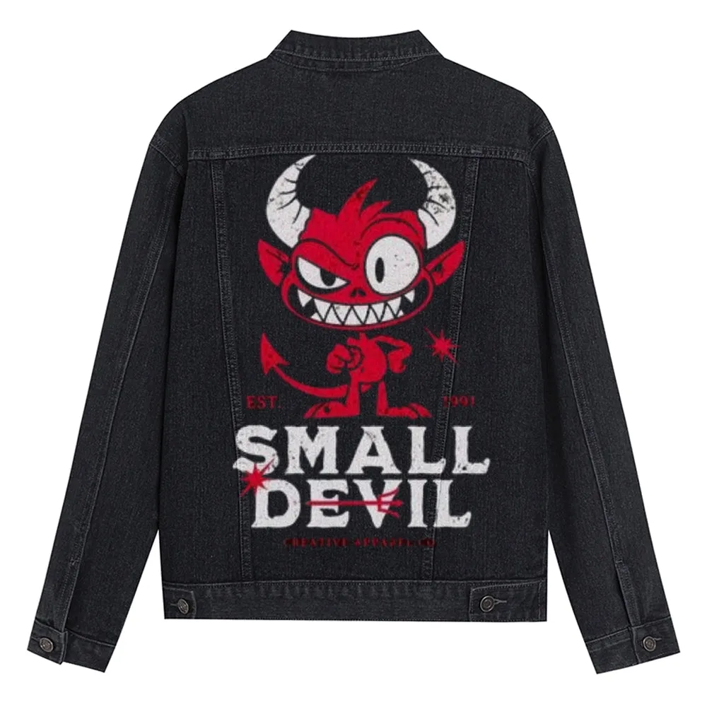 Mens SMALL DEVIL Graphic Button Up Denim Jacket