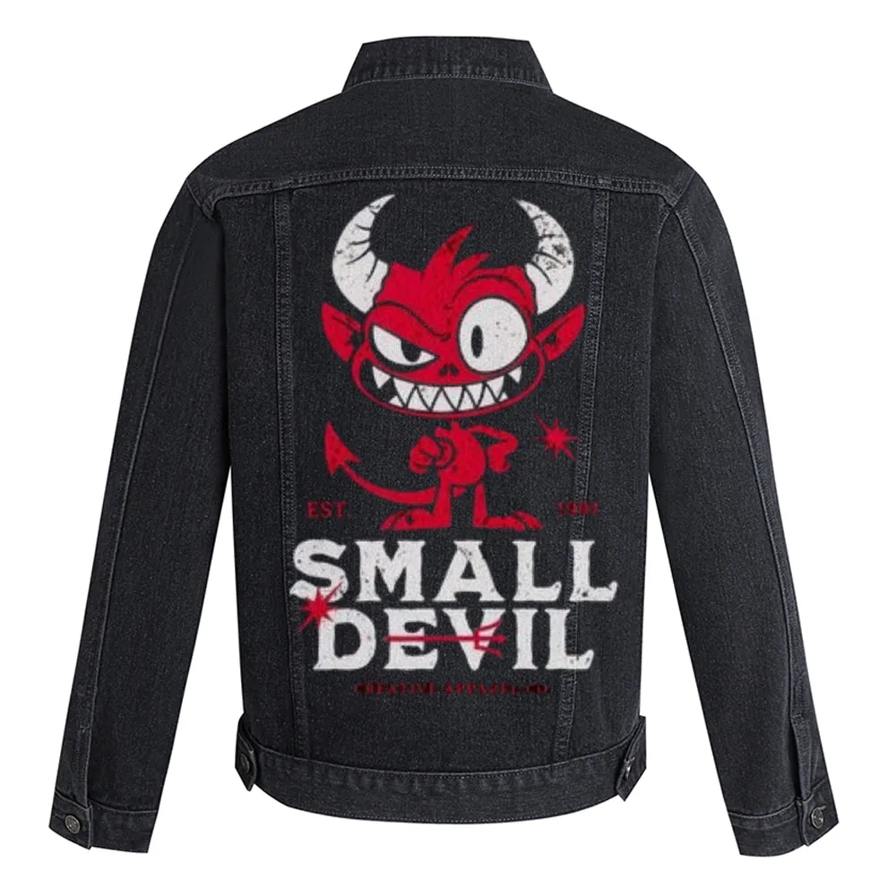 Mens SMALL DEVIL Graphic Button Up Denim Jacket