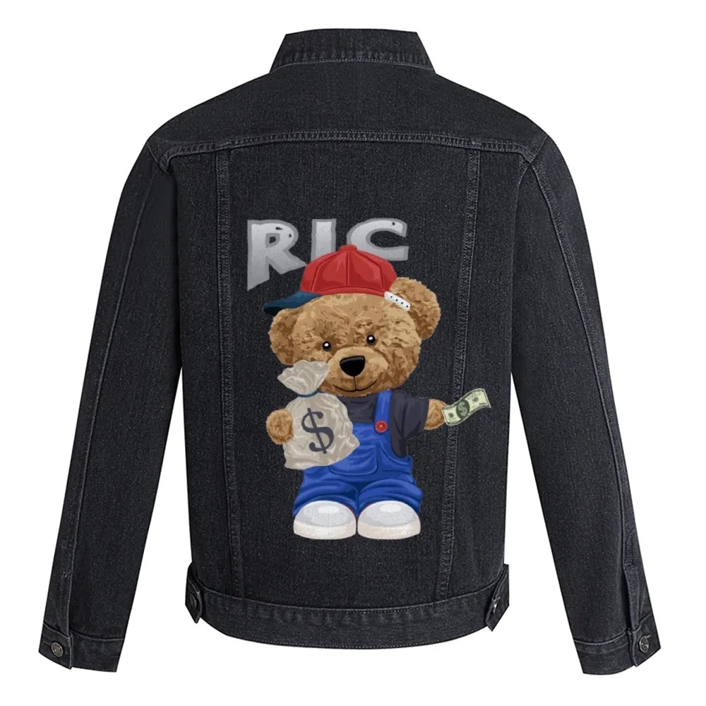 Mens Vintage Cartoon Cute Bear Ric Prints Denim Jacket