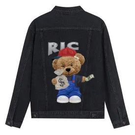 Mens Vintage Cartoon Cute Bear Ric Prints Denim Jacket