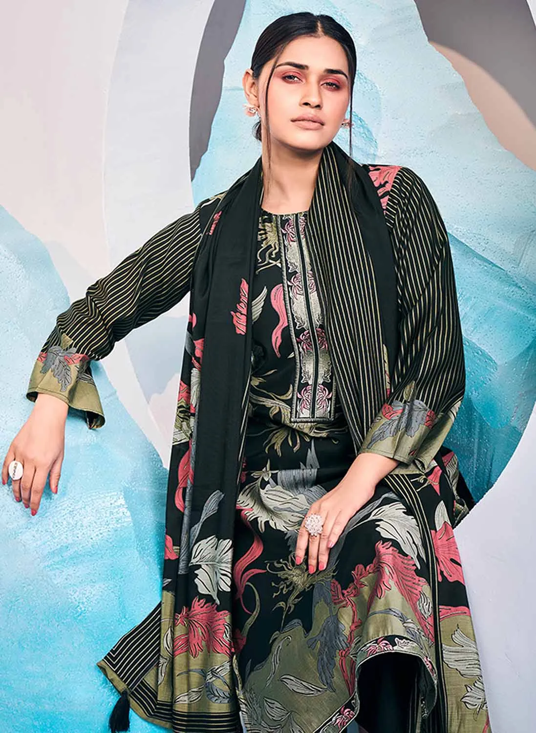 Mumtaz Arts Black Pure Muslin Unstitched Suit Dress Material for Women