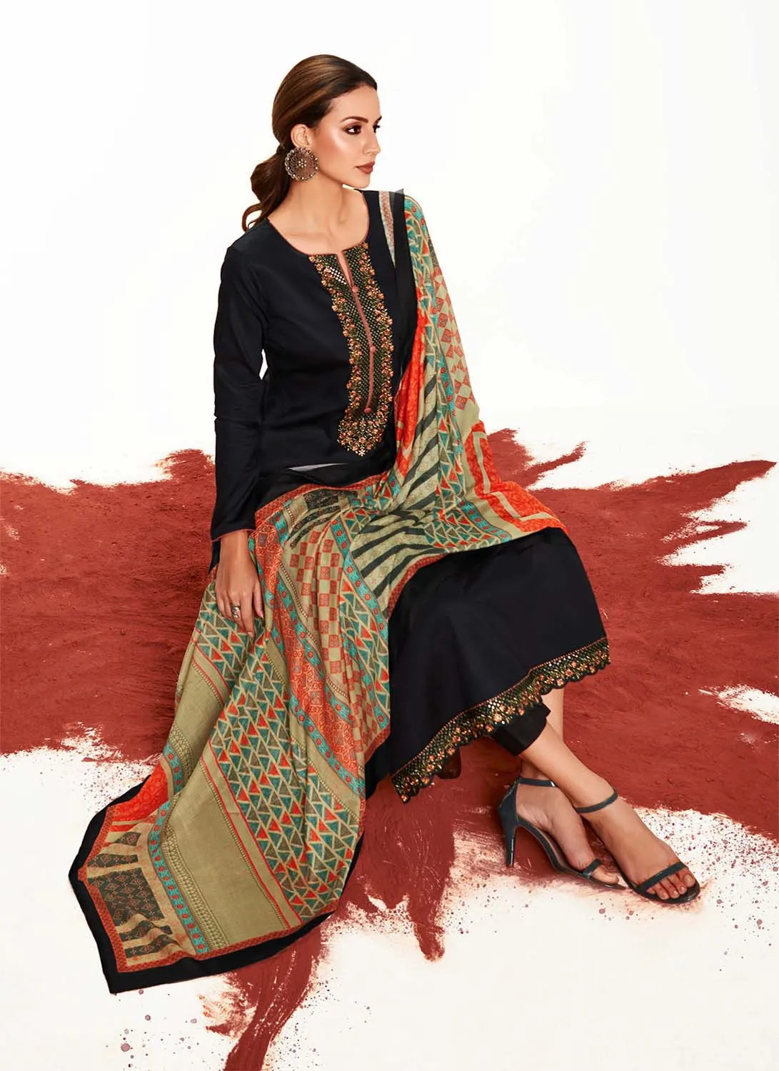Mumtaz Arts Pure Cotton Satin Women Black Suit Unstitched