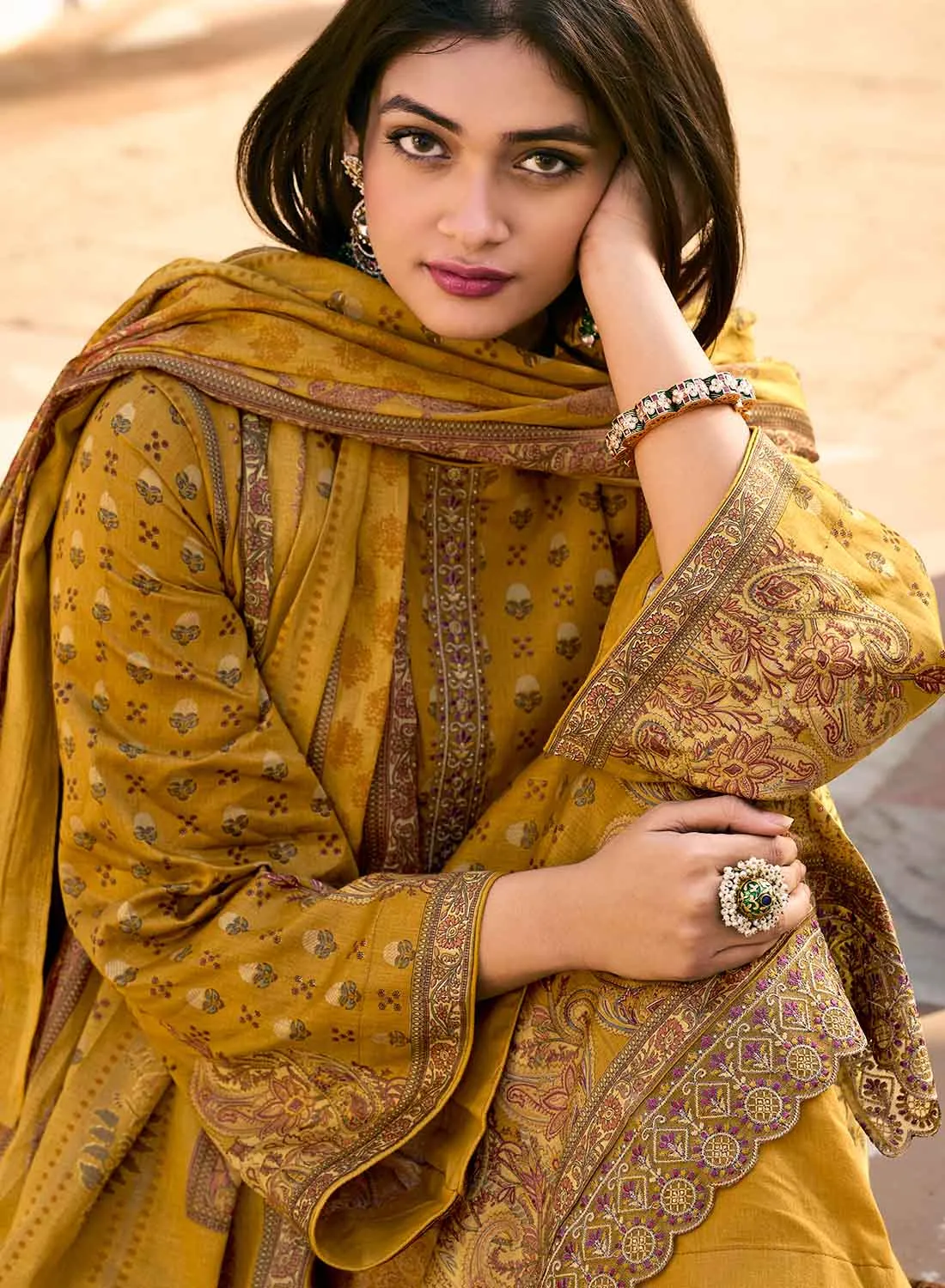 Mumtaz Arts Pure Cotton Satin Yellow Unstitched Suit Dress Material