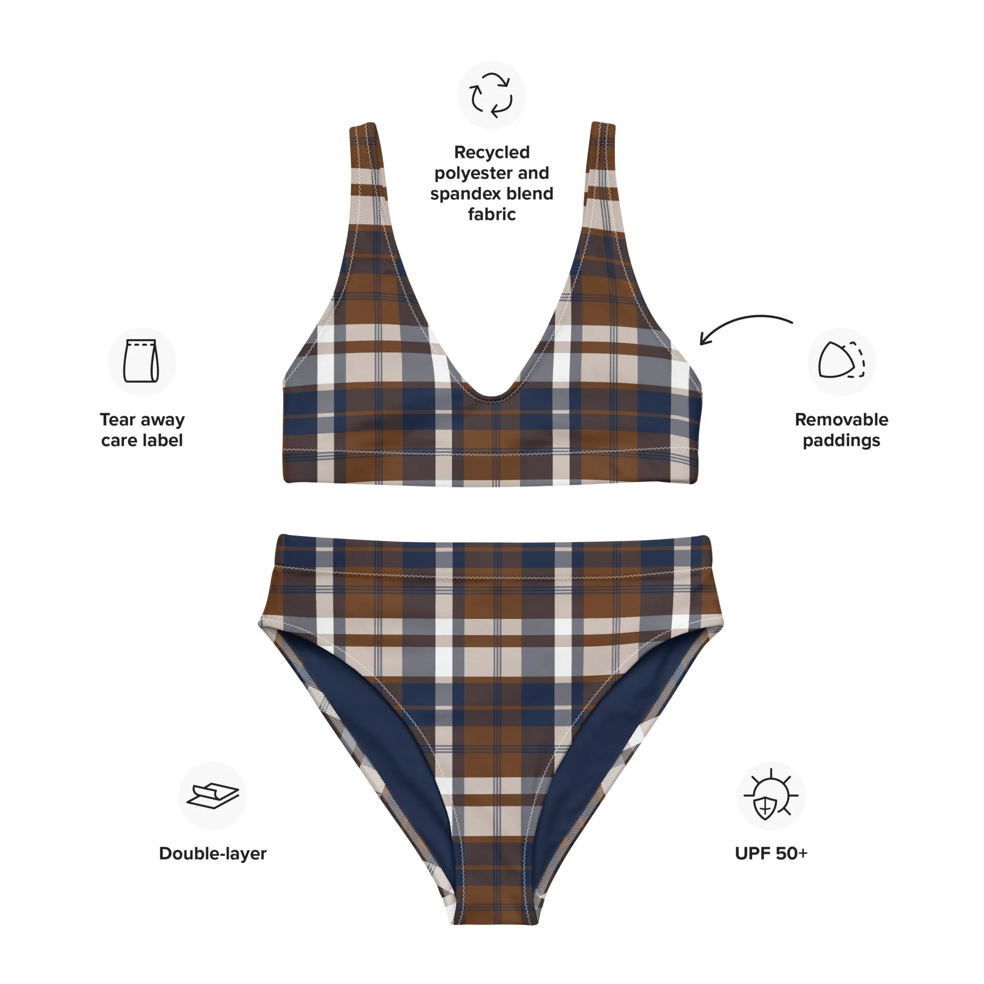 Navy Blue and Brown Preppy Surfer Girl Plaid High Waisted Bikini