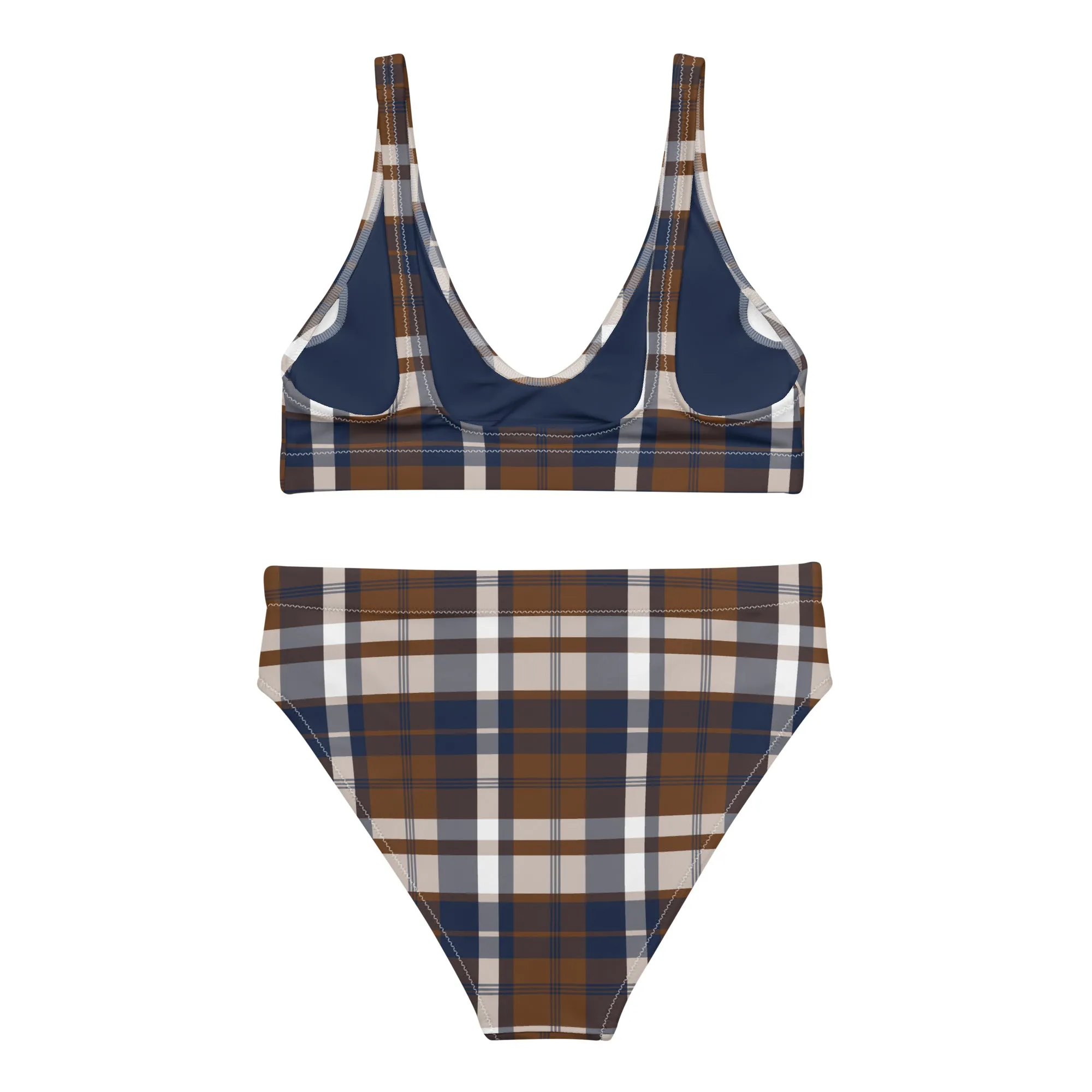 Navy Blue and Brown Preppy Surfer Girl Plaid High Waisted Bikini