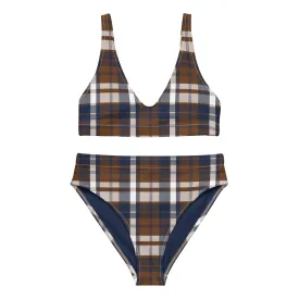 Navy Blue and Brown Preppy Surfer Girl Plaid High Waisted Bikini