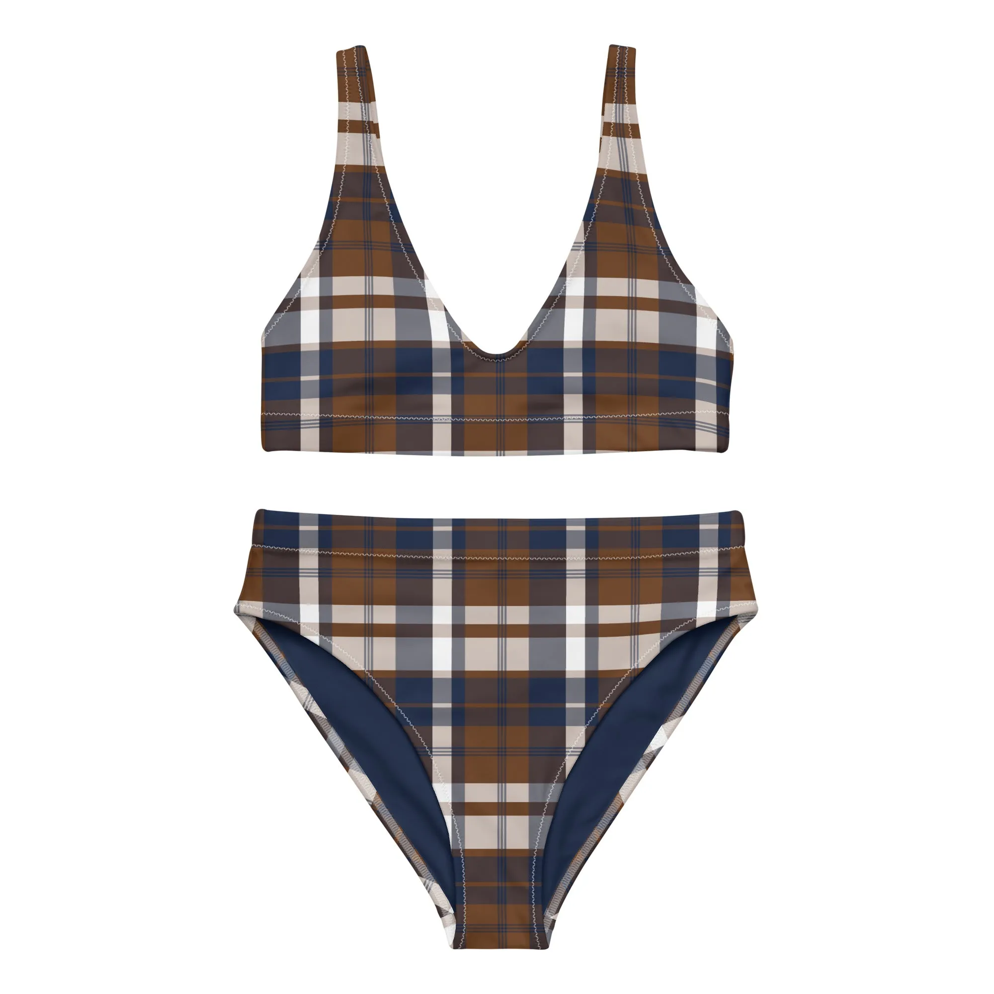 Navy Blue and Brown Preppy Surfer Girl Plaid High Waisted Bikini