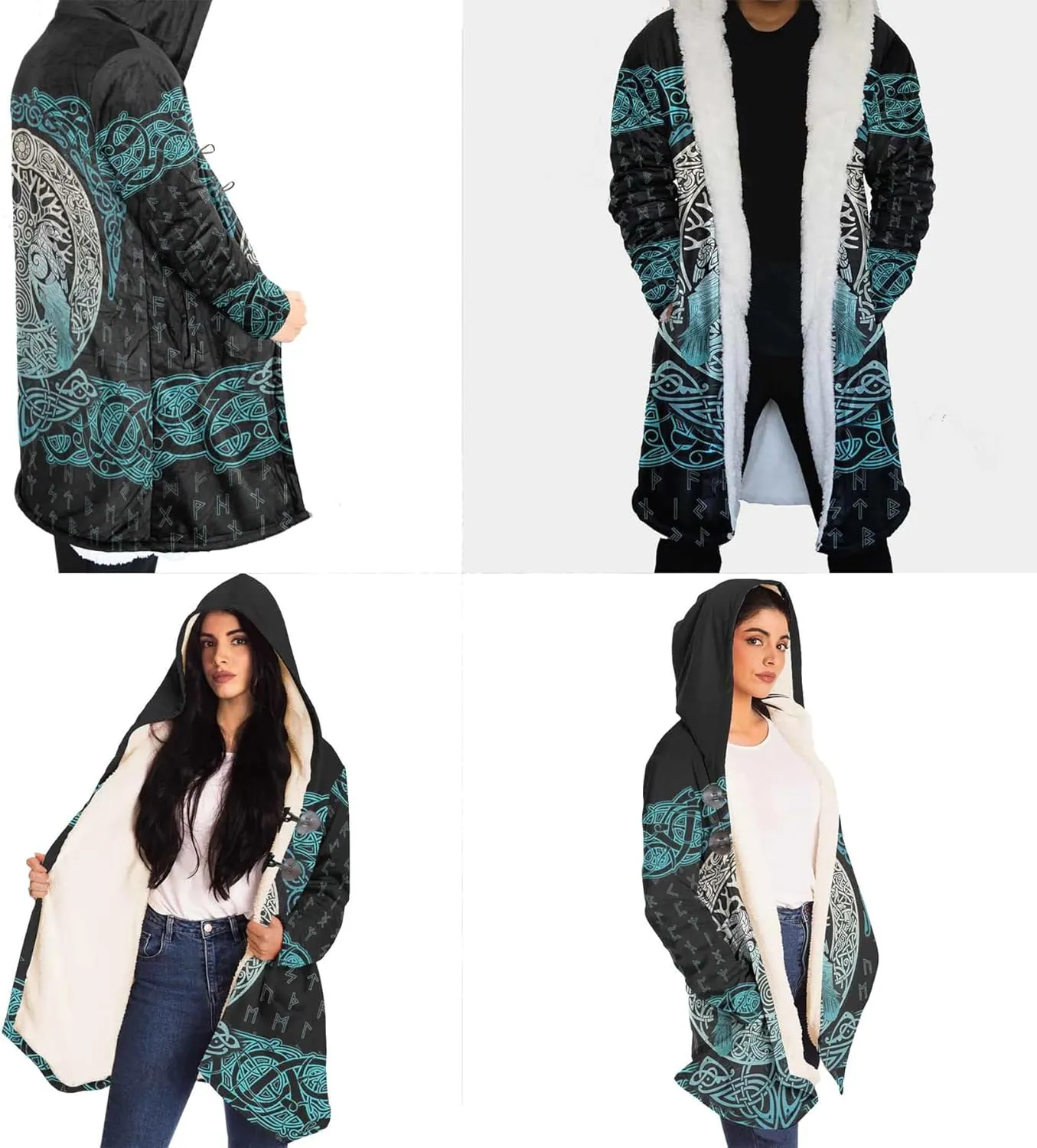 Norse Myth Nine Realms Winter Coats for Men Plus Size Viking Runes Fuzzy Soft Faux Cashmere Hooded Cloak, Parka Robe