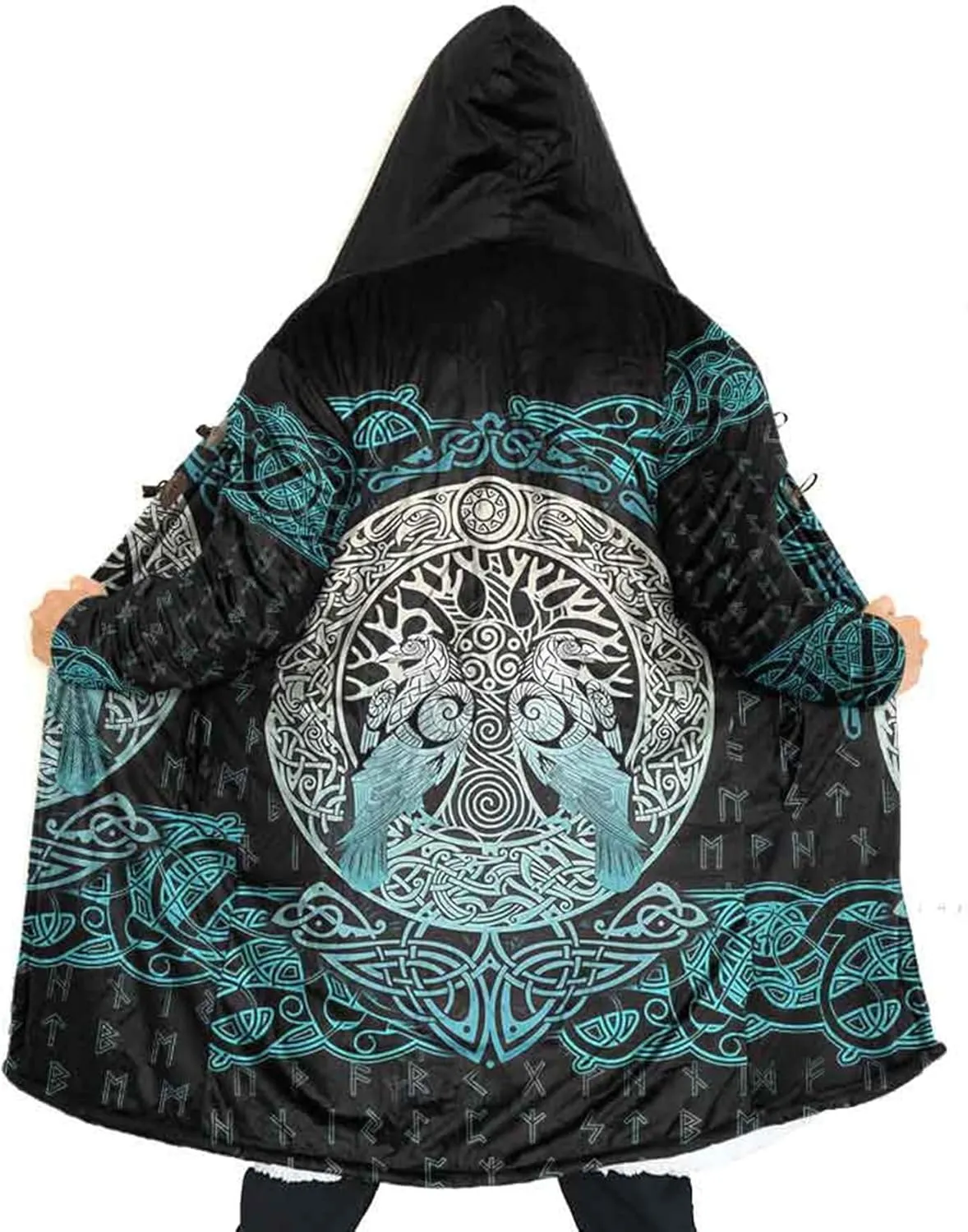 Norse Myth Nine Realms Winter Coats for Men Plus Size Viking Runes Fuzzy Soft Faux Cashmere Hooded Cloak, Parka Robe