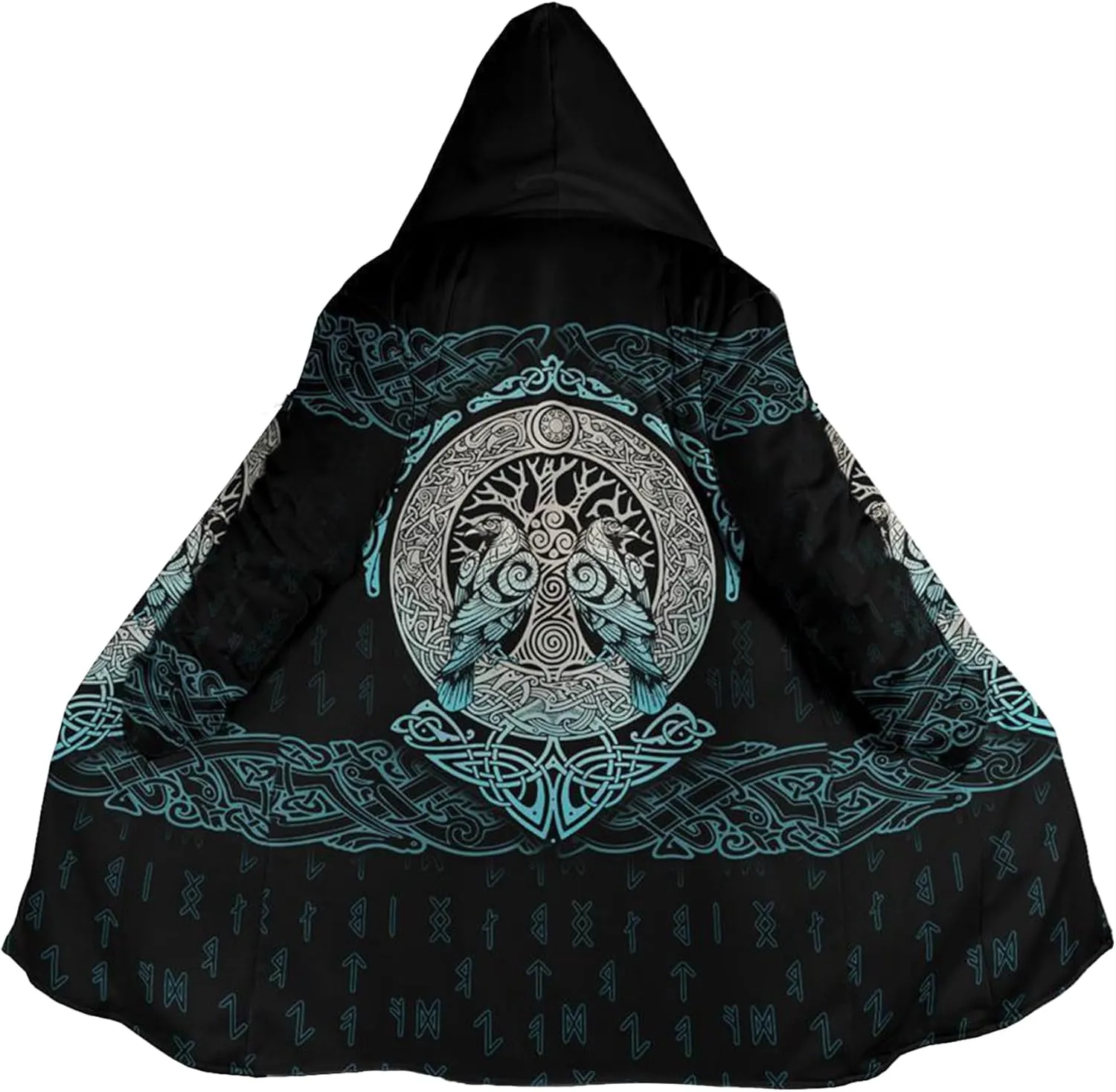 Norse Myth Nine Realms Winter Coats for Men Plus Size Viking Runes Fuzzy Soft Faux Cashmere Hooded Cloak, Parka Robe