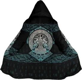 Norse Myth Nine Realms Winter Coats for Men Plus Size Viking Runes Fuzzy Soft Faux Cashmere Hooded Cloak, Parka Robe