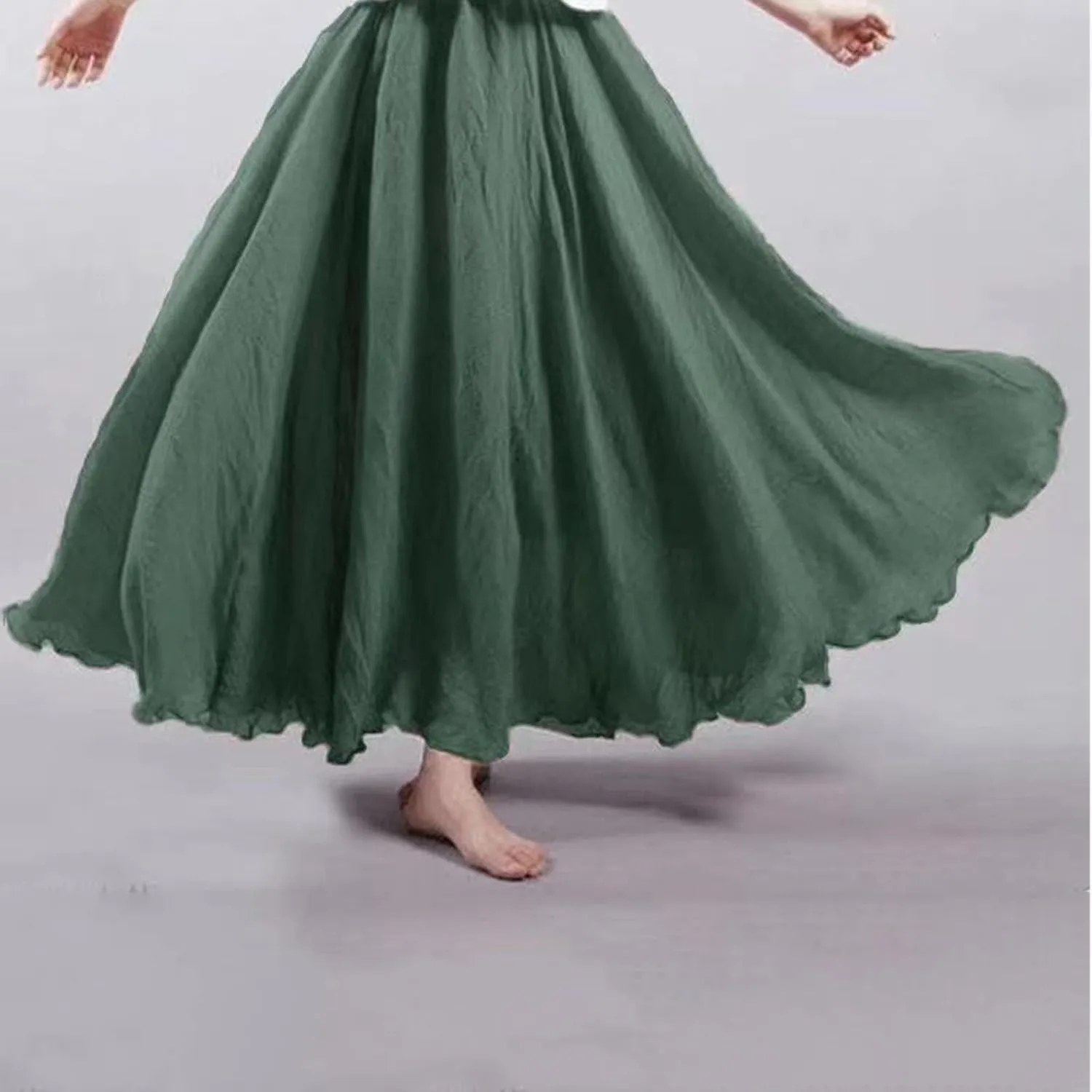 NREALY Falda Women's 3/4 Bohemian Style Elastic Waist Band Cotton Linen Long Maxi Dress Skirt