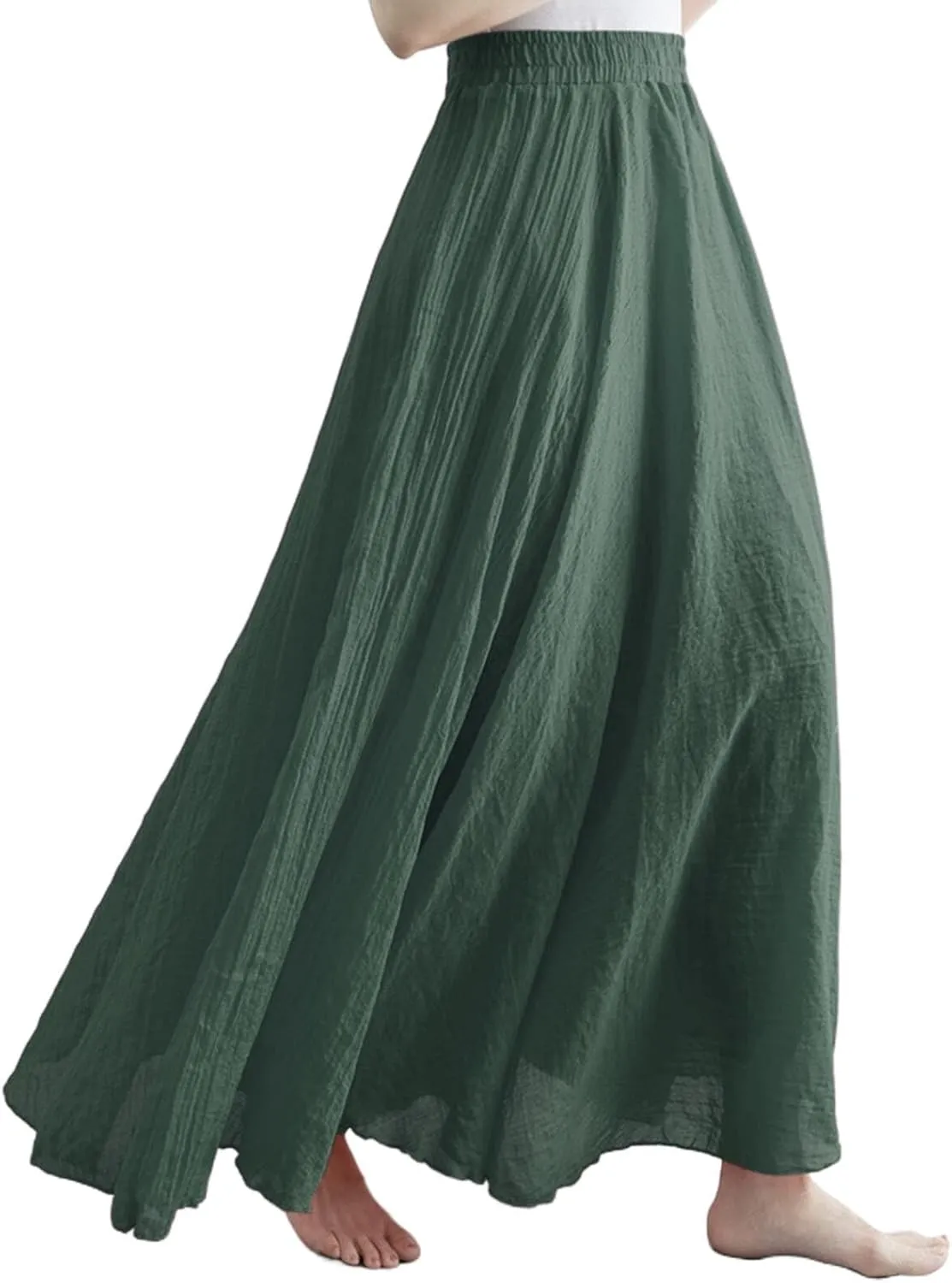 NREALY Falda Women's 3/4 Bohemian Style Elastic Waist Band Cotton Linen Long Maxi Dress Skirt