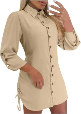 Oplxuo Women's Long Sleeve Button Down Shirt Dress Both Sides Drawstring Long Blouse Tunic Tops Collared Short Mini Dresses