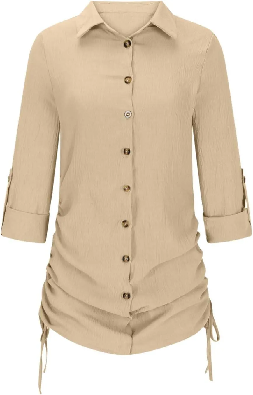 Oplxuo Women's Long Sleeve Button Down Shirt Dress Both Sides Drawstring Long Blouse Tunic Tops Collared Short Mini Dresses