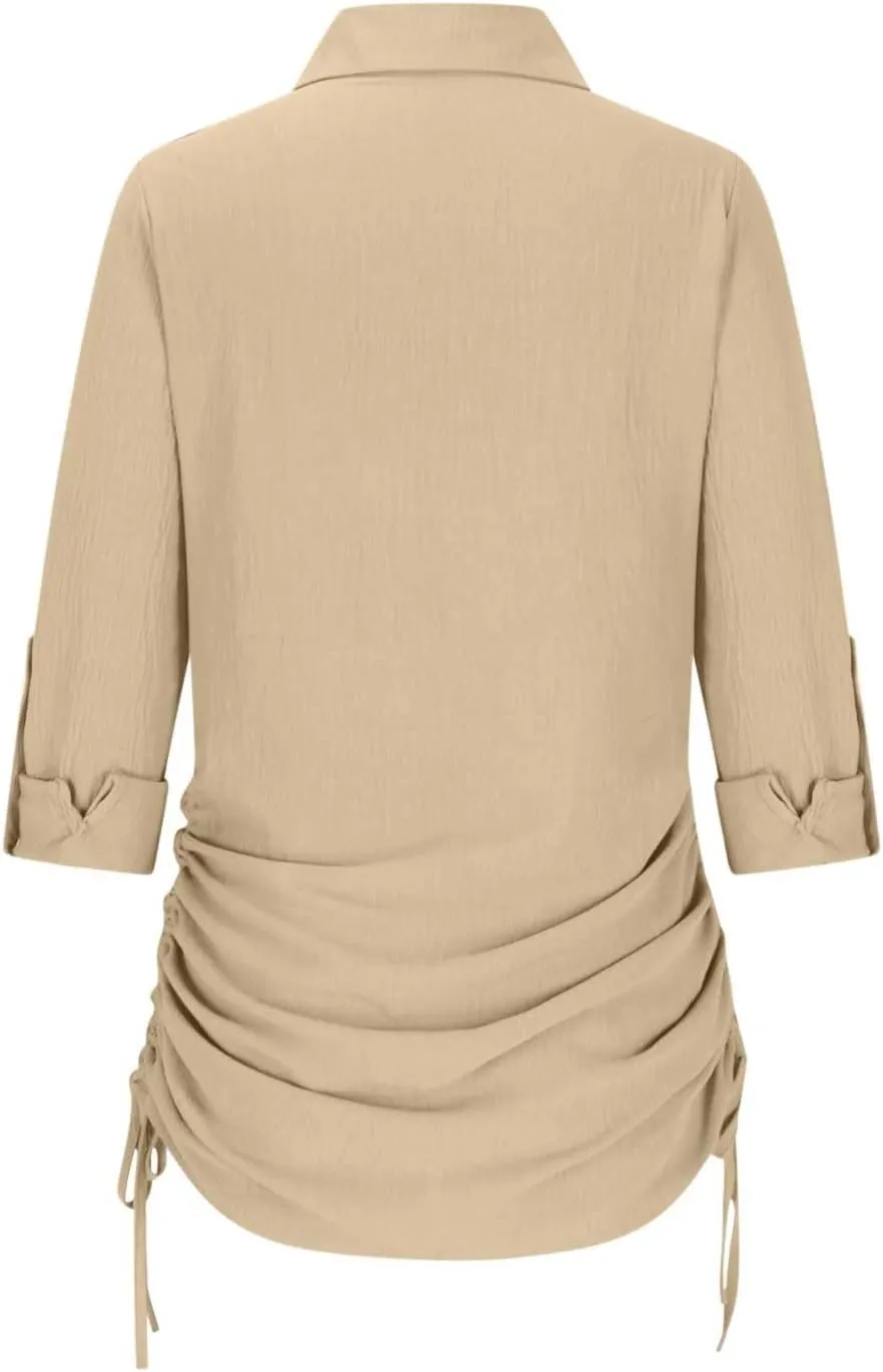 Oplxuo Women's Long Sleeve Button Down Shirt Dress Both Sides Drawstring Long Blouse Tunic Tops Collared Short Mini Dresses