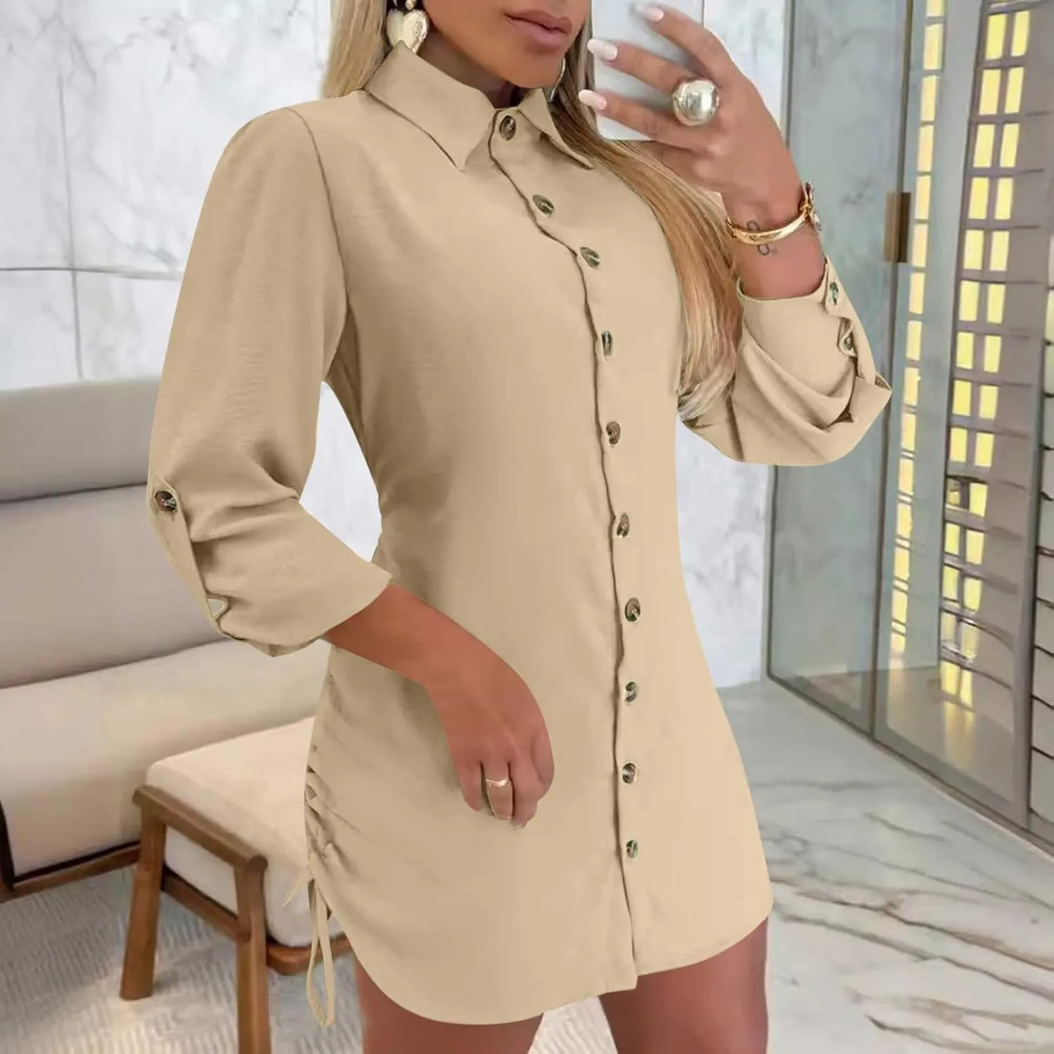 Oplxuo Women's Long Sleeve Button Down Shirt Dress Both Sides Drawstring Long Blouse Tunic Tops Collared Short Mini Dresses