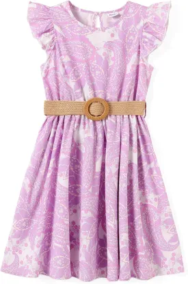 PATPAT Little Big Girls Dress Vintage Boho Floral Ruffle Short Sleeve Casual Swing Dress with Braided Belt
