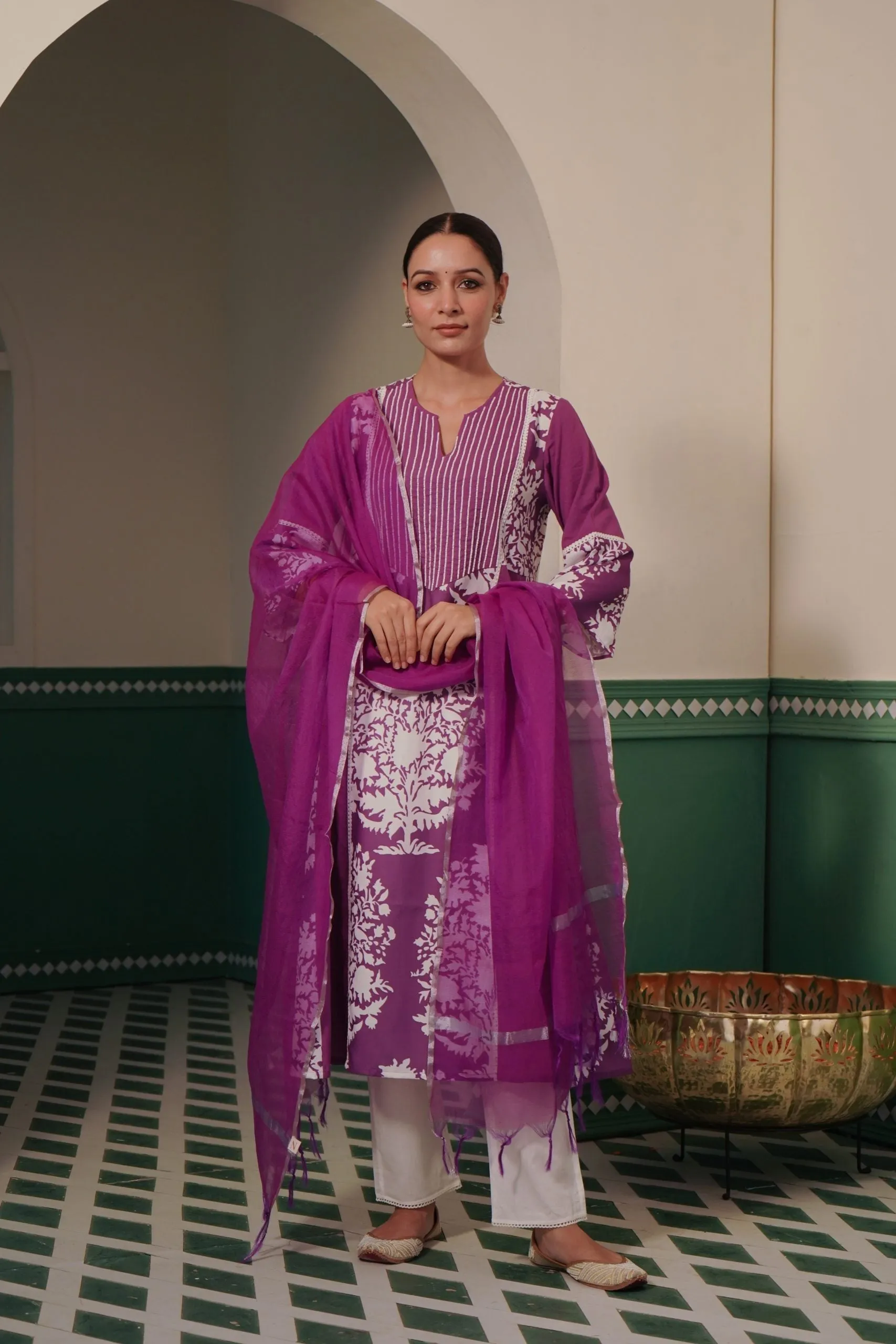 Periwinkle Charm Kurta with hand embroidered beadwork yoke with pure cotton Narrow Pants for women