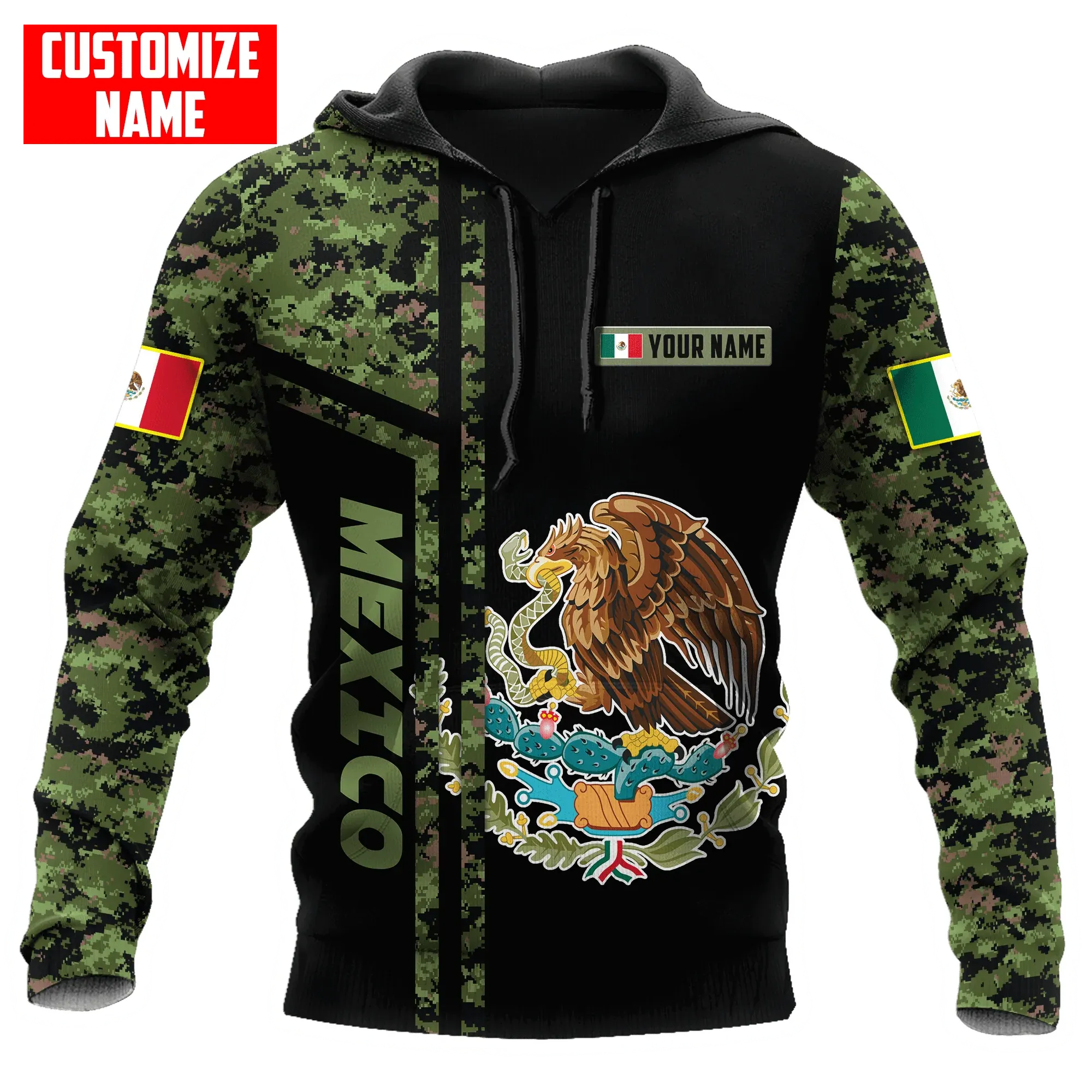 Personalized Name Mexico Camo Unisex Hoodie, Mexican Camo Eagle Hoodies, Mexico Hoodie