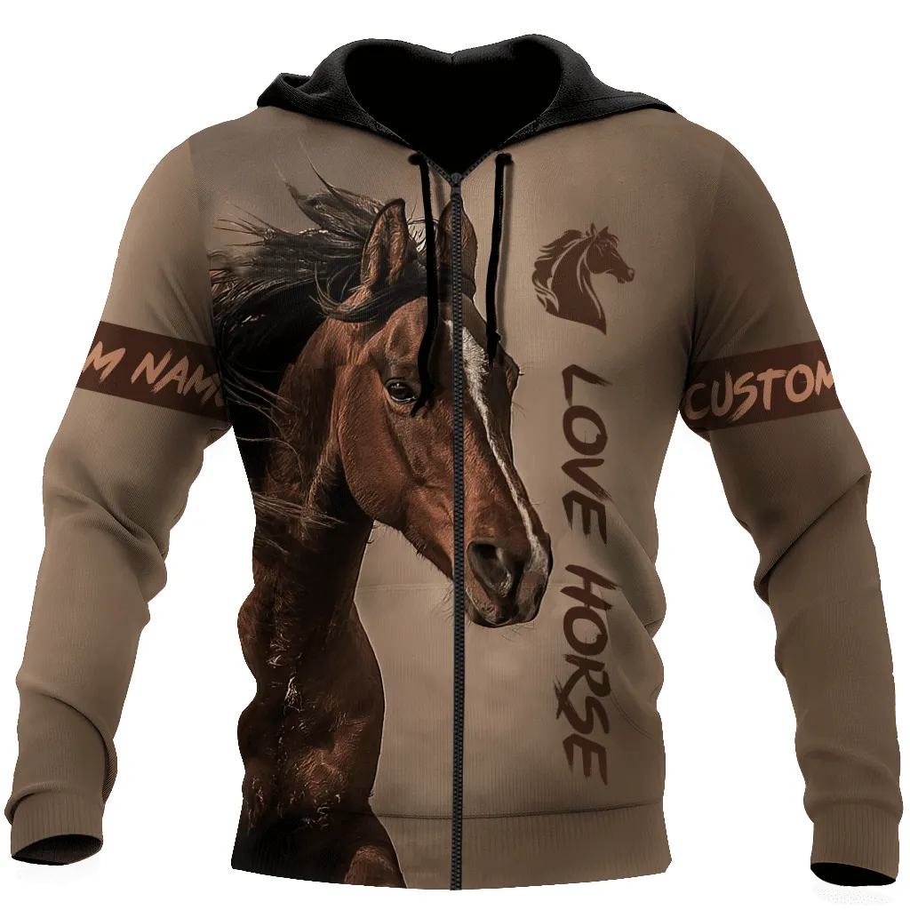 Personalized White Marking Horse Custom Name Brown Shirts, 3D Hoodie Shirt for Horse Lovers