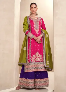 Pink Embroidered Premium Silk Palazzo Suit with Green Dupatta