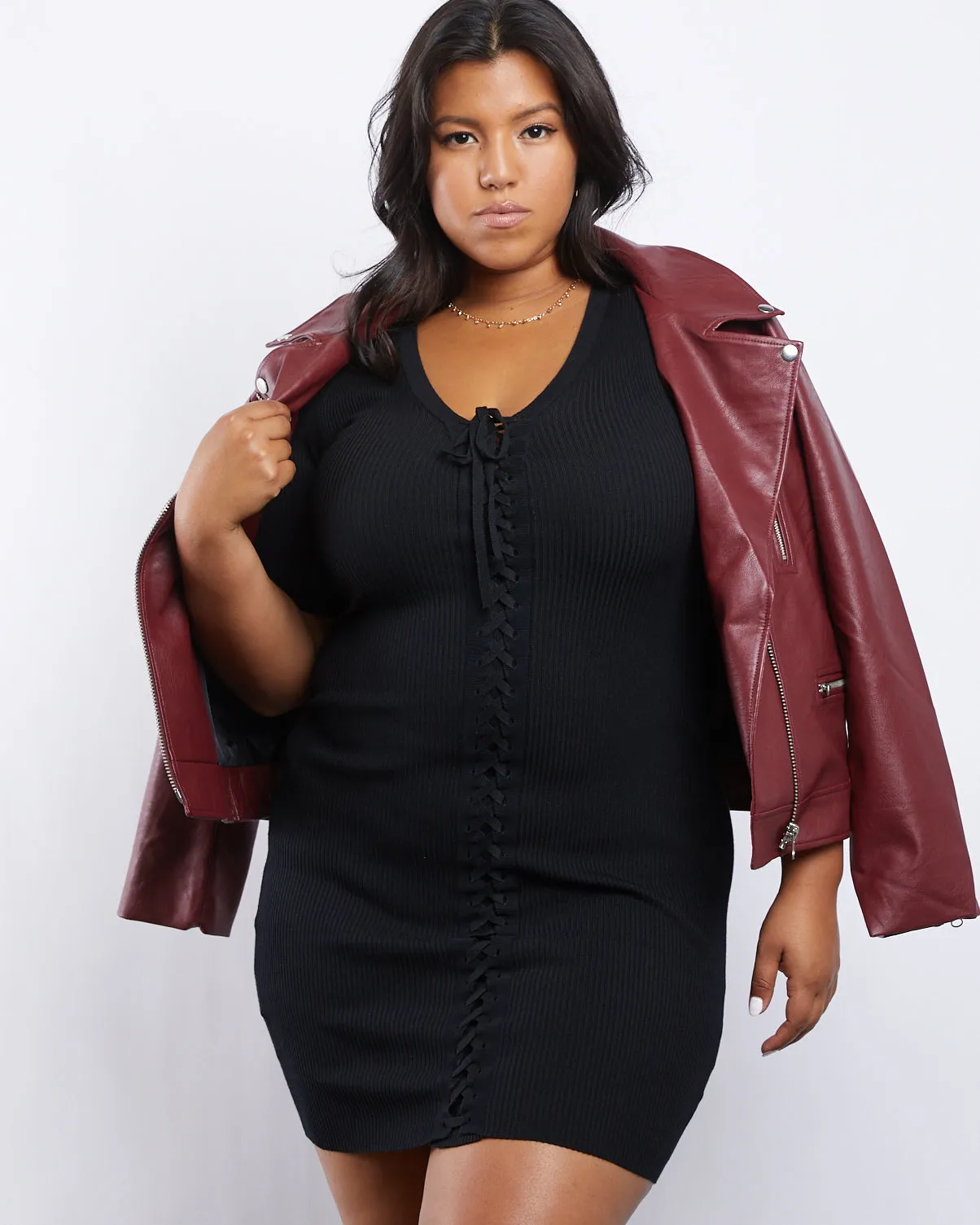 Plus Size Lace Up Ribbed Knit Dress