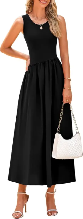 PRETTYGARDEN Women's Maxi Sundress Casual Summer 2025 Sleeveless Asymmetrical Drop Waist Patchwork Long Flowy Tank Dresses