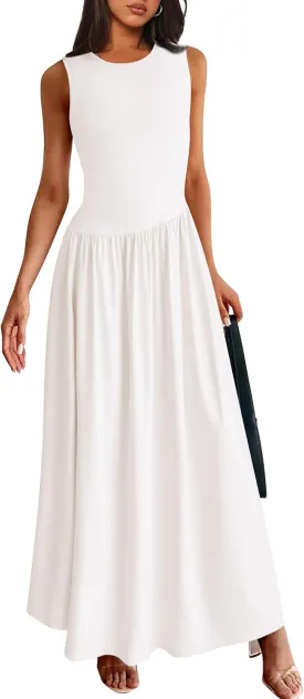 PRETTYGARDEN Women's Maxi Sundress Casual Summer 2025 Sleeveless Asymmetrical Drop Waist Patchwork Long Flowy Tank Dresses