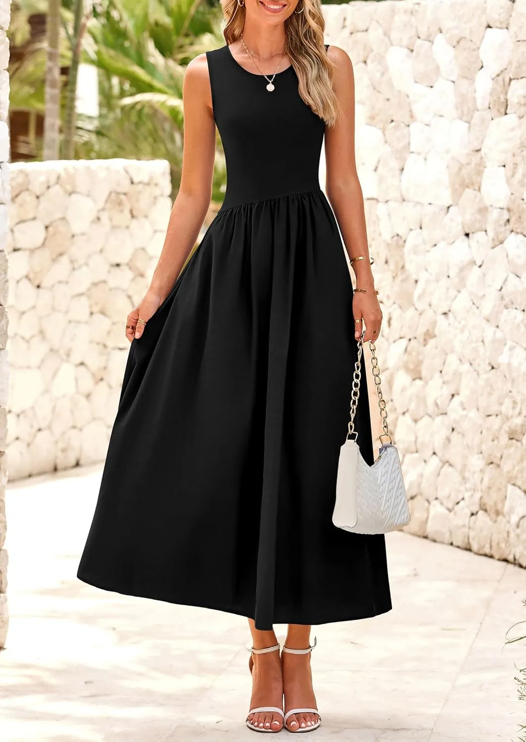 PRETTYGARDEN Women's Maxi Sundress Casual Summer 2025 Sleeveless Asymmetrical Drop Waist Patchwork Long Flowy Tank Dresses